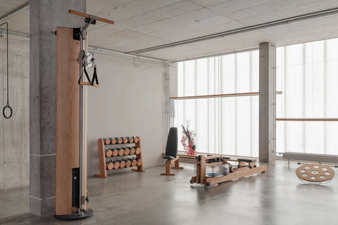 Modern home gym with concrete walls and ceiling, featuring a selection of WATERROWER NOHRD gym equipment.