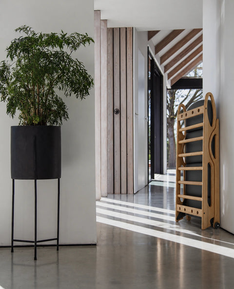A modern interior hallway with a large potted green plant on a black metal stand on the left, and a wooden NOHRD Elakso folded up on the right. The space features a polished concrete floor, white walls, and a slatted wood door in the background.