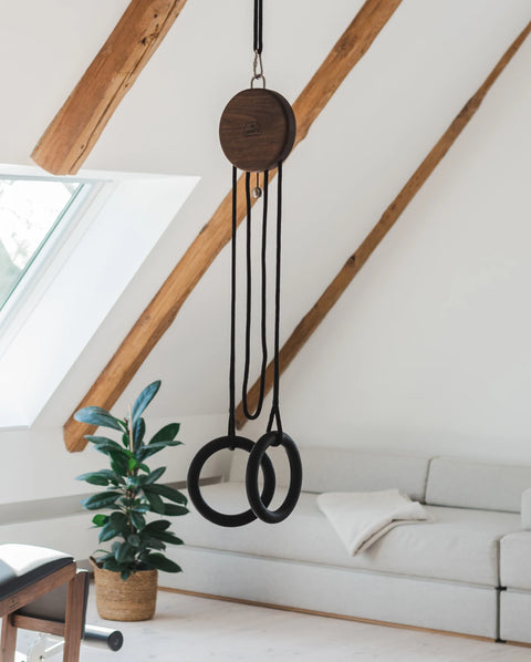 A hanging NOHRD Sling, shown in a bright attic room with exposed wooden beams, a white sofa, and a potted plant.
