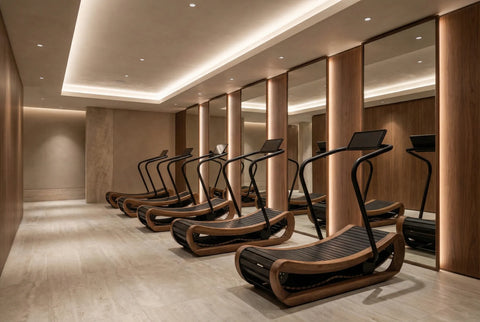 A row of modern wooden NOHRD Springbok treadmills arranged in a luxurious, well-lit indoor fitness centre with wood-paneled walls and large mirrors.