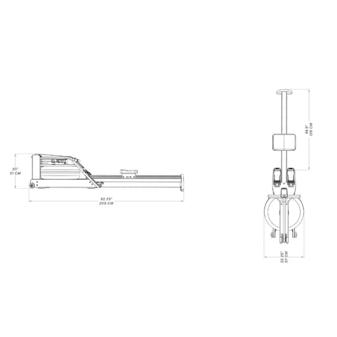 Technical diagram of the WaterRower Hybrid showing measurements.