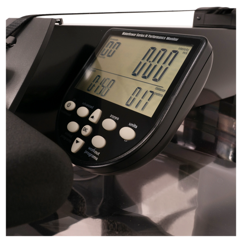 Close-up of the WaterRower Series 4 Performance Monitor on a WaterRower Metallic.