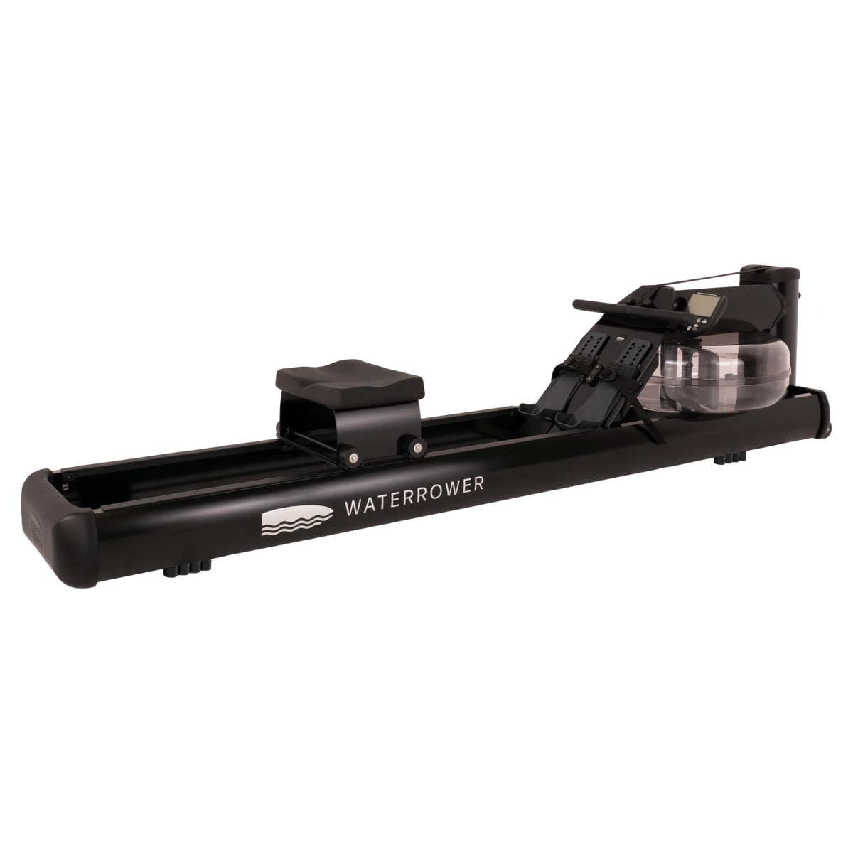 A black Waterrower rowing machine with a transparent water tank, shown from a side angle on a solid white background.