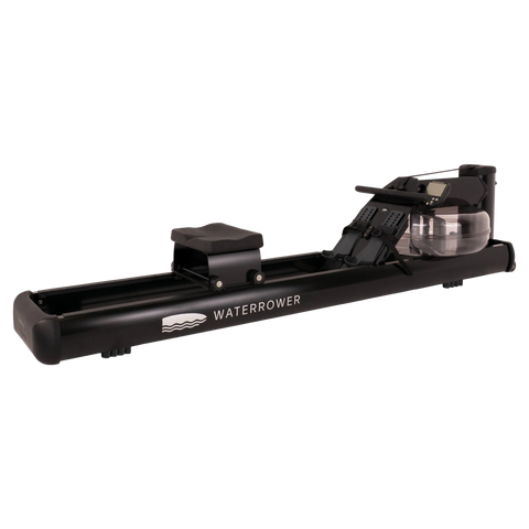 A black Waterrower rowing machine with a transparent water tank, shown from a side angle on a solid white background.